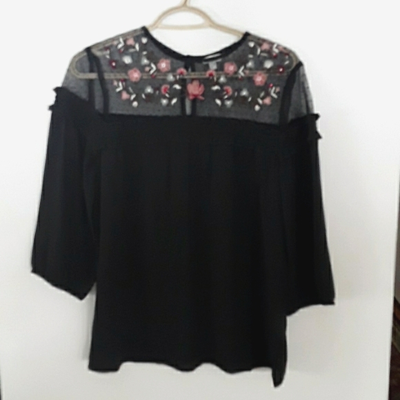 Reitmans - Black Blouse with Floral  Lace-Like Trim.  Size S/P. - Picture 1 of 4